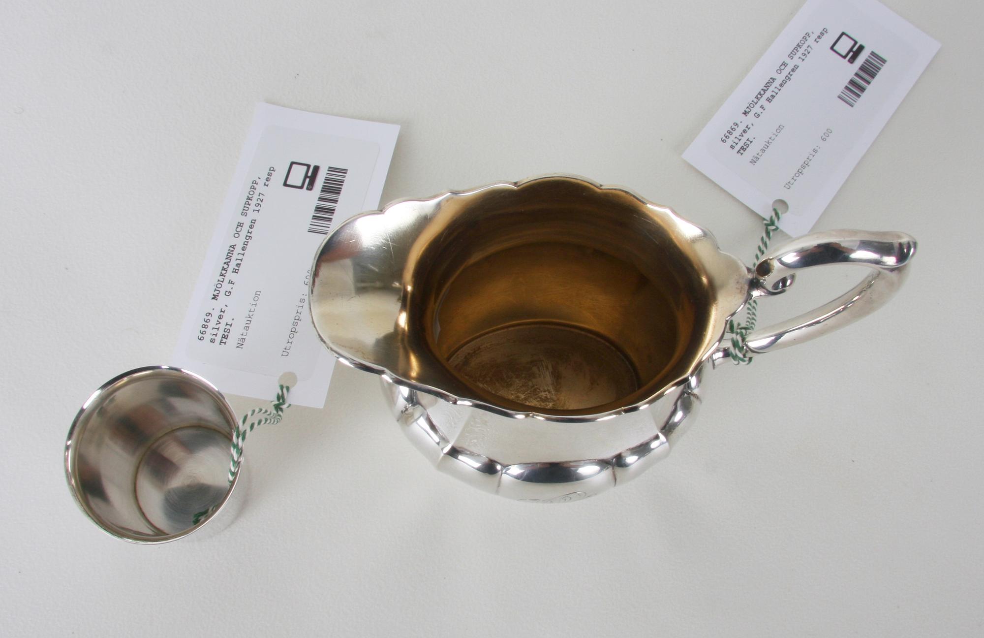 MJÖLKKANNA OCH SUPKOPP, silver, G.F Hallengren 1927 resp TESI.
