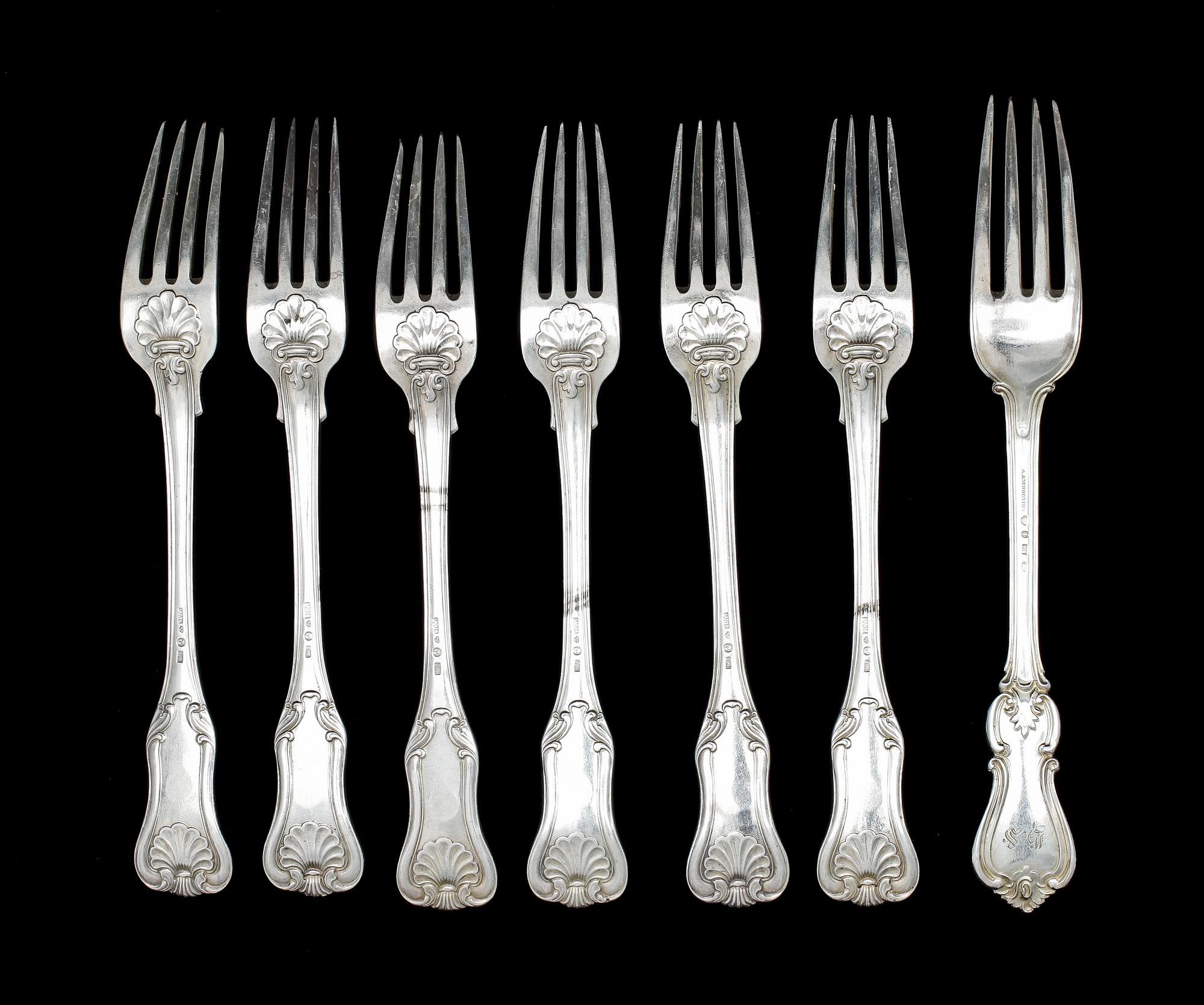 MATGAFFLAR, 6+1 st, silver, snäckmodell. William Lyon, Göteborg resp Alfred Ambrosius, Stockholm. 1848 resp 1867. 608g.