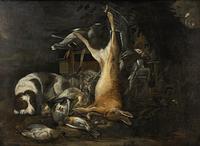 Dirk Valkenburg, attributed to. Hunting still life with dog and birds.