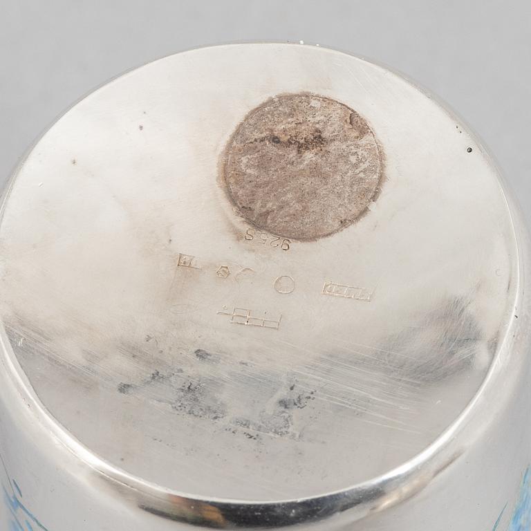 A silver and enamel box with lid and a small beaker, marks of Lars Arby, Gothenburg, Sweden 1963-1964.