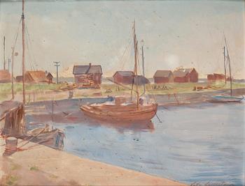 Lotte Laserstein, Fishing village with boats.