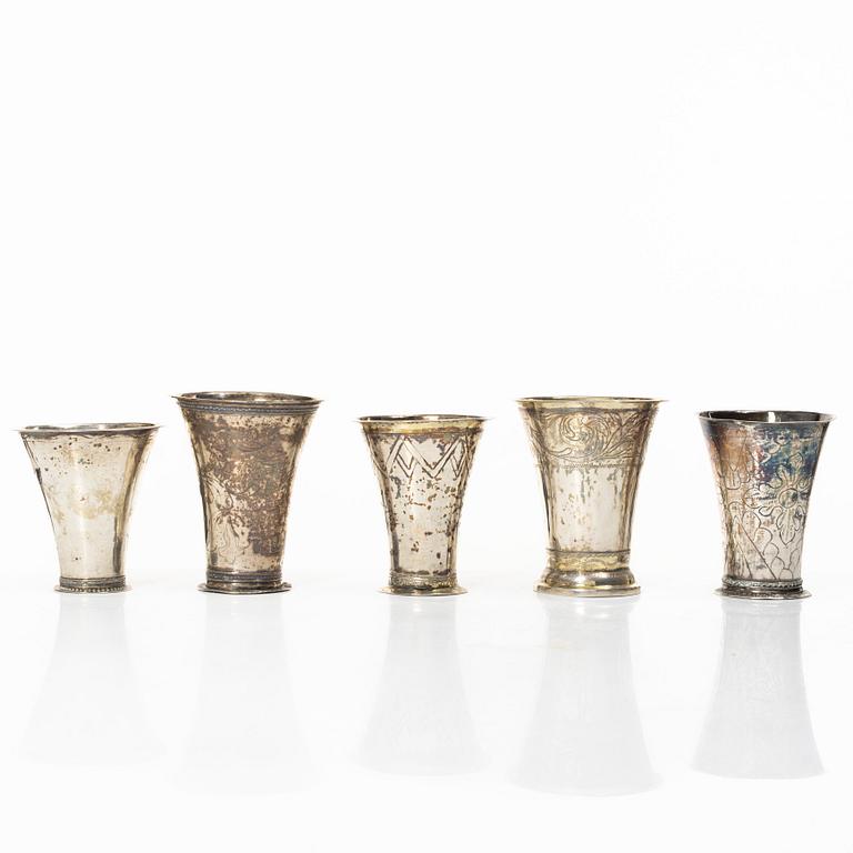 Five Swedish silver beakers, 18th/19th century.