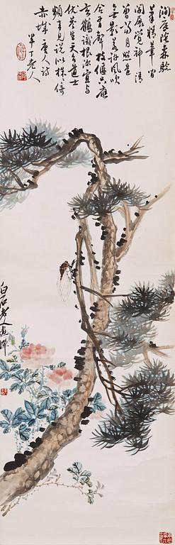 RULLMÅLNING, Qi Baishi (1864-1957) och Chen Nian (1877-1970), "Pine and Cicada", signerad.