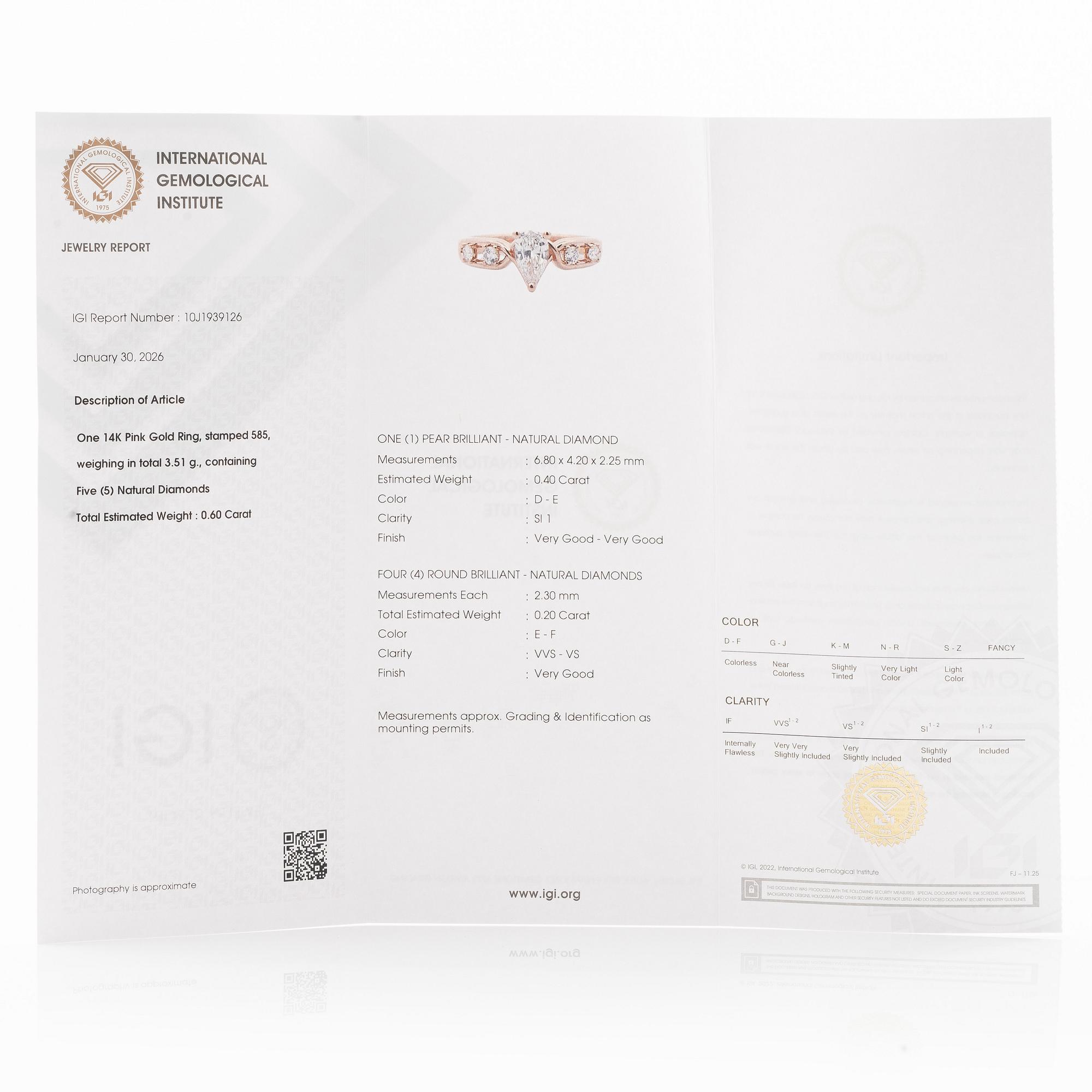 Ring 14K rose gold with a pear-shaped diamond and brilliant-cut diamonds, accompanied by an IGI report.