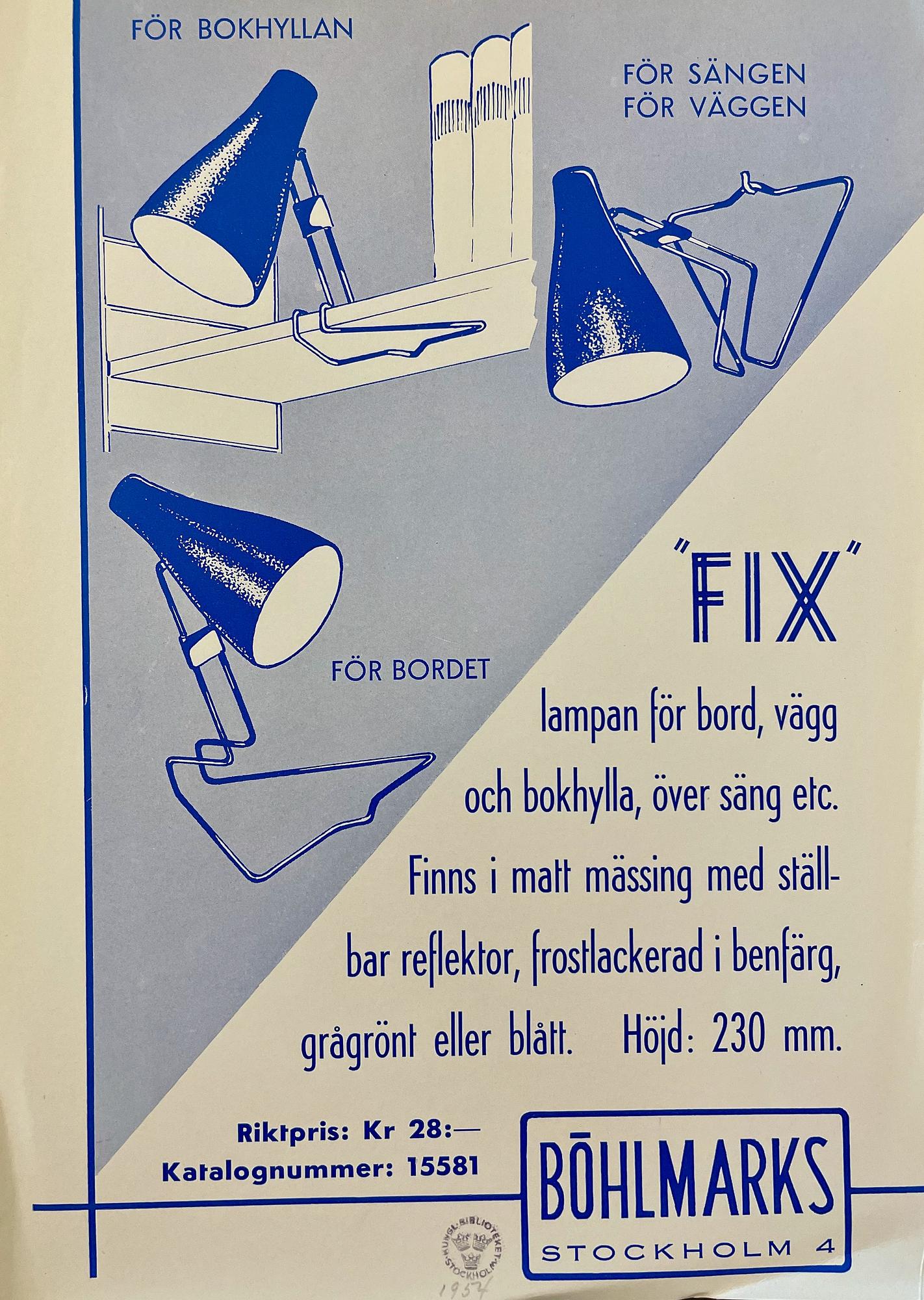 Arvid Böhlmarks Lampfabrik, bords/vägglampa, "Fix" modell 15581, Stockholm, 1950-tal.