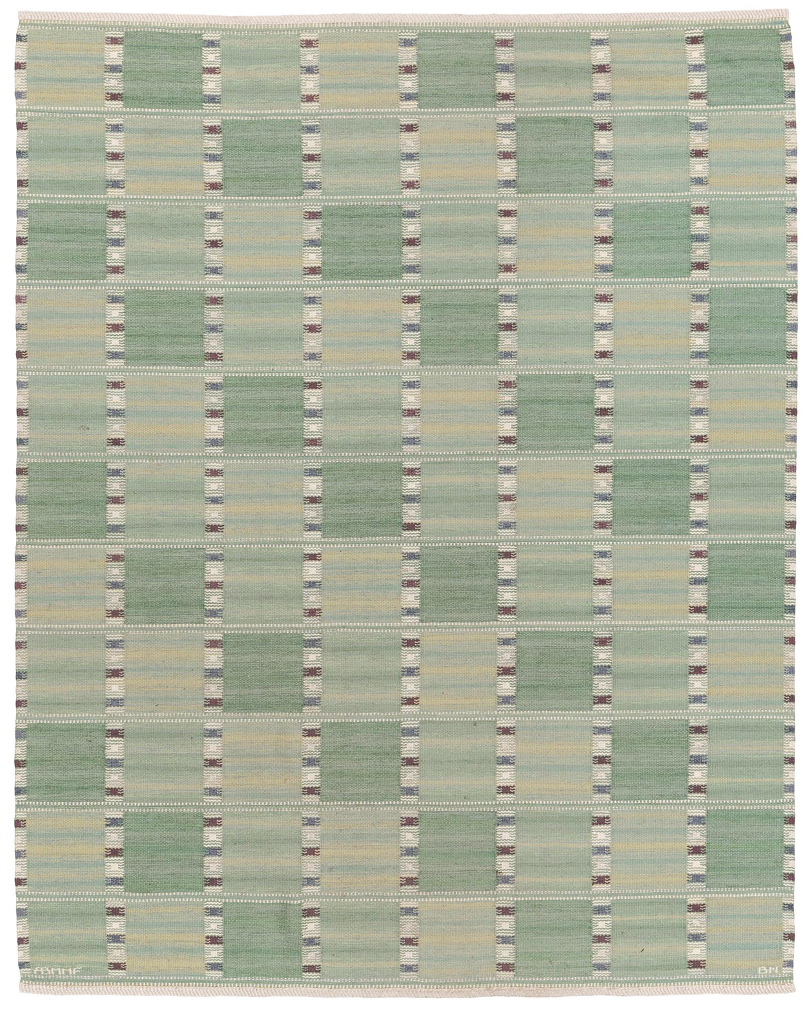 Barbro Nilsson, a carpet, 'Falurutan grön I', flat weave, c. 266 x 210 cm, signed AB MMF BN.