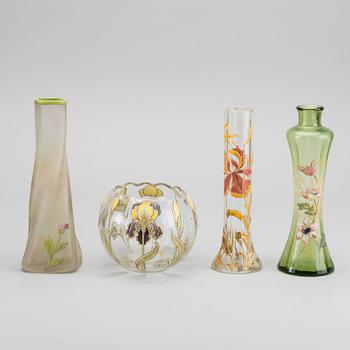 A set of four Art Nouveau hand painted glass vases.