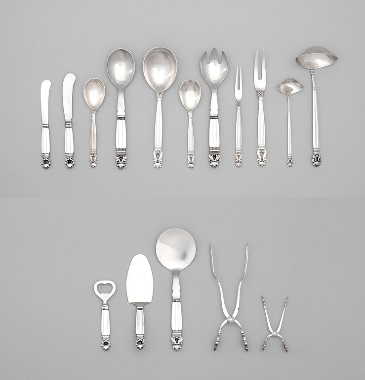 Johan Rohde, bestickuppsättning, 99 delar "Konge/Acorn", Firma Georg Jensen, Köpenhamn 1945-77, sterling och rostfritt stål.