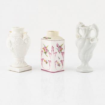 Two white glazed Nymphenburg vases and a Swedish Marieberg tea caddy, 18th Cenury.