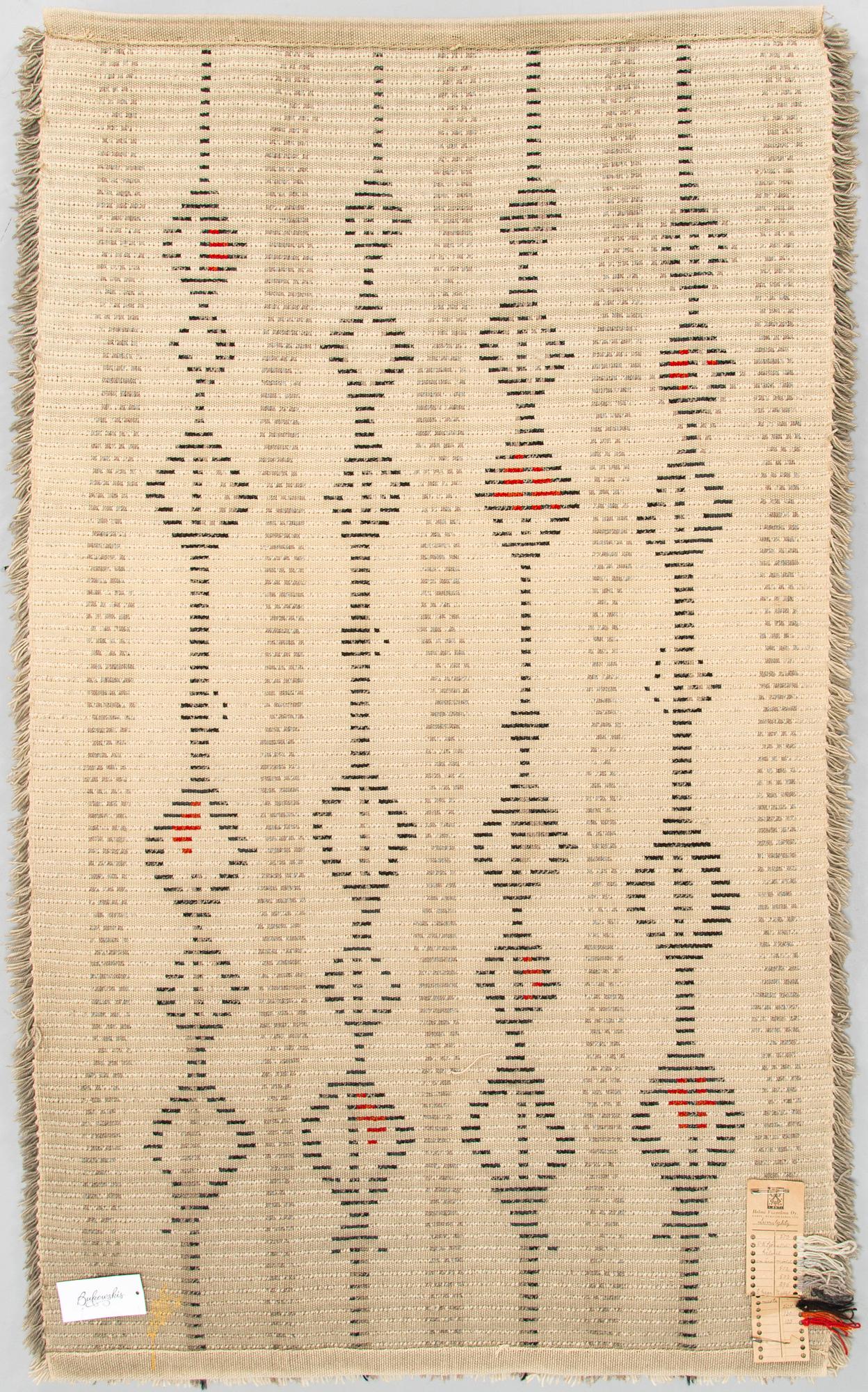 Maija Kolsi-Mäkelä, ryijy, malli Helmi Vuorelma Oy, Lahti. Noin 160 x 98 cm.