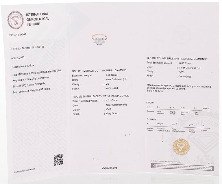 Ring, three baguette cut diamonds, small brilliant cut diamonds, 18K white gold and rose gold.