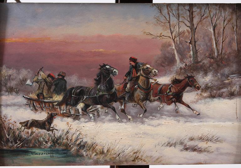 OKÄND KONSTNÄR, olja på pannå, 2 st, sign Wassiloff. Ryssland, 1900-talets senare hälft.