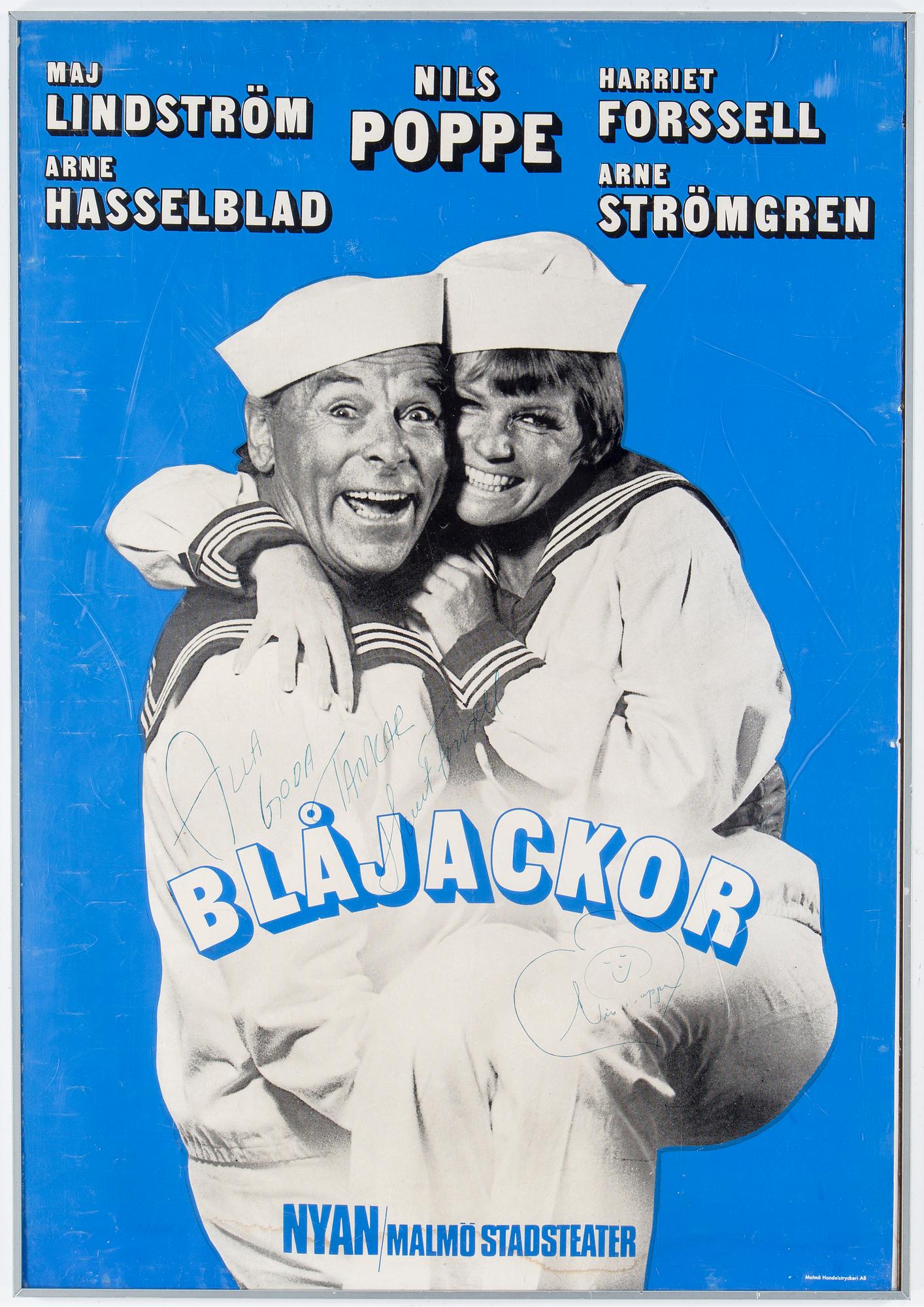 NILS POPPE SAMT HARRIET FORSELL, egenhändigt signerad affisch, Blåjackor, Malmö Stadsteater.