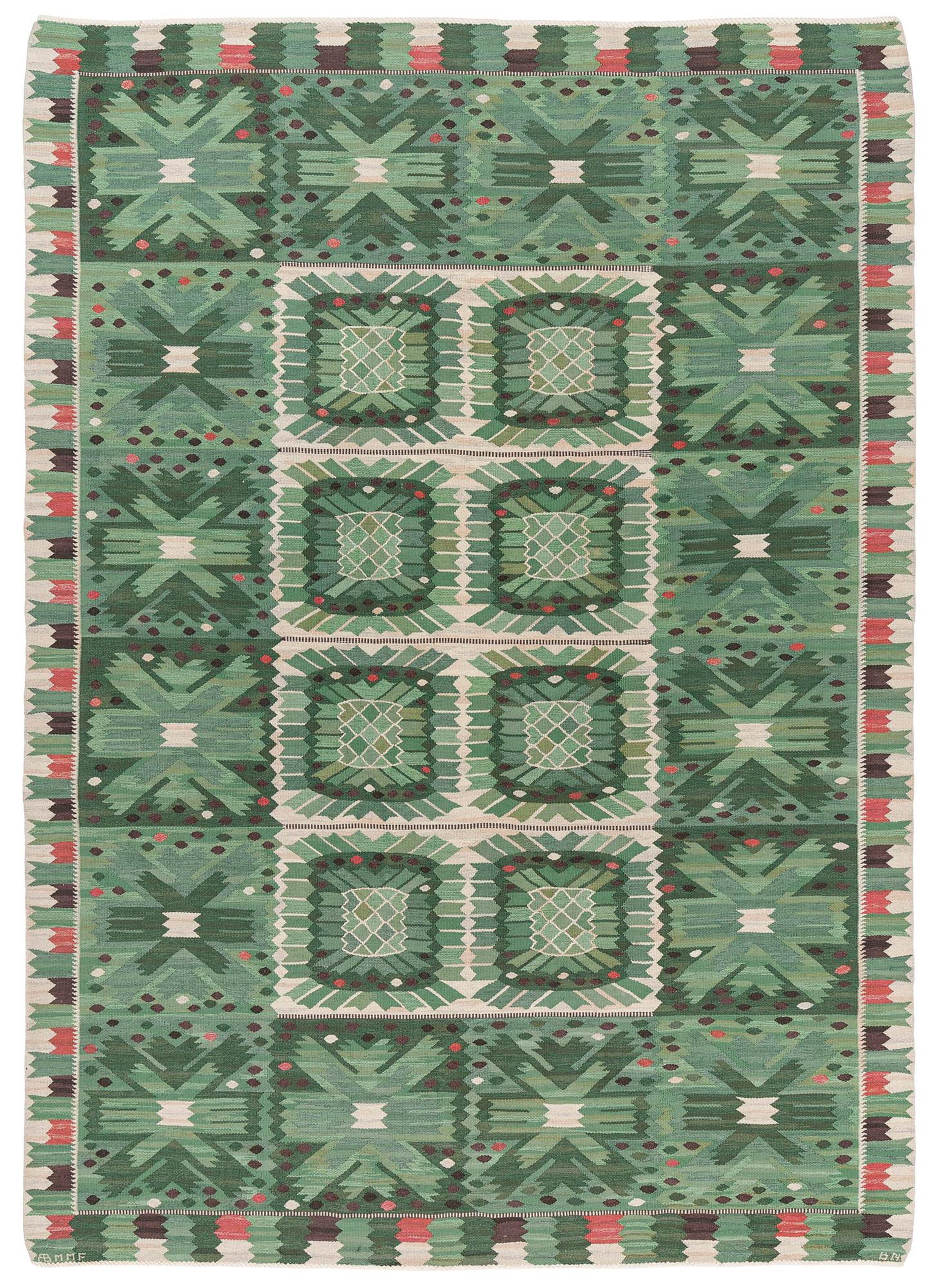 Barbro Nilsson, a carpet 'Nejlikan grön', flat weave, c. 390 x 278 cm, signed AB MMF BN.