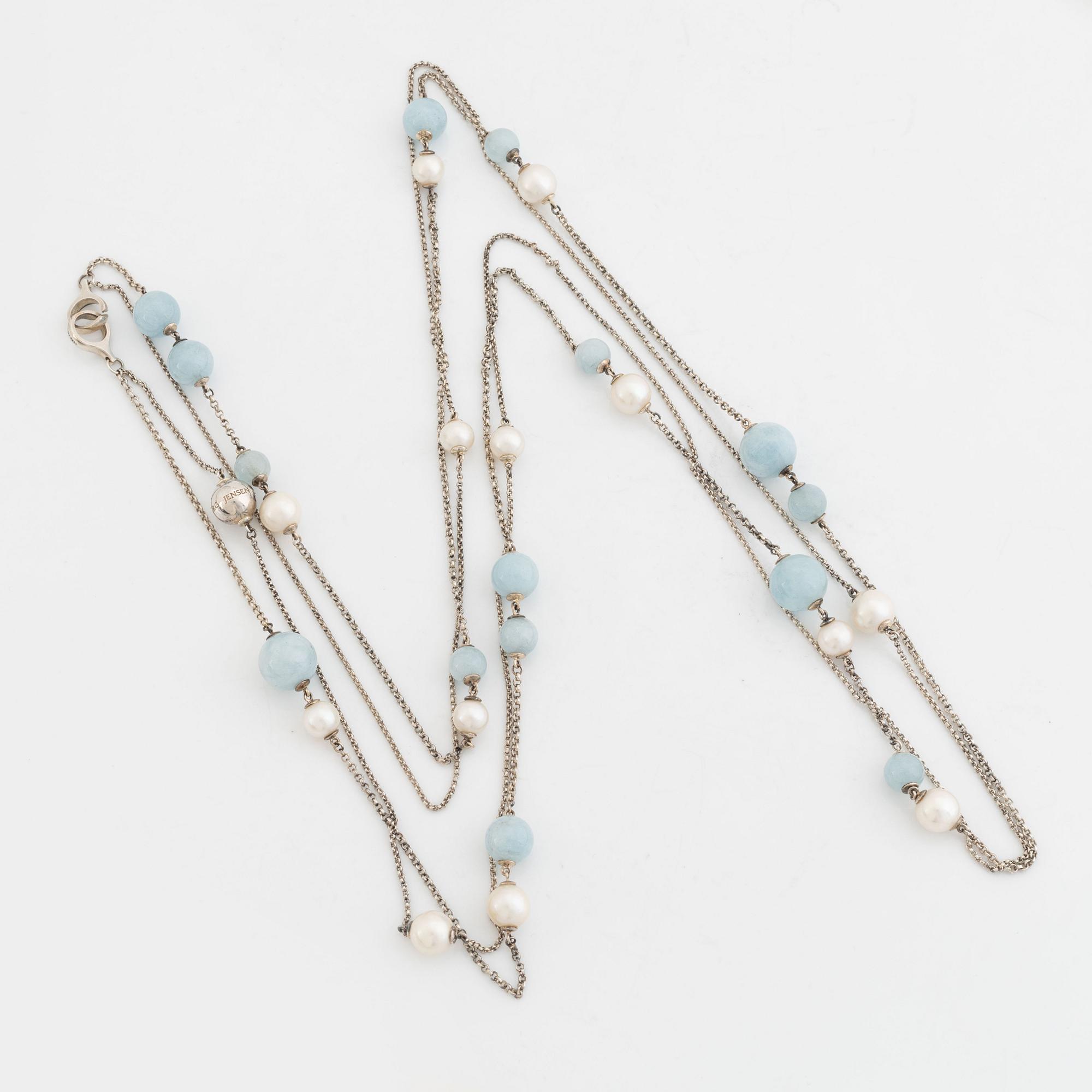Georg Jensen, cultured pearl and aquamarine silver necklace.