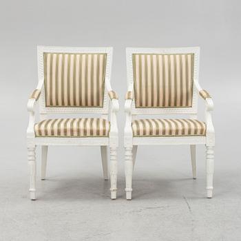 A pair of Gustavian style armchairs, around 1900.