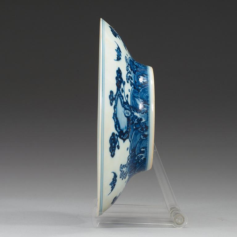 A blue and white ogee dish, presumably republic with Qianlong seal mark.