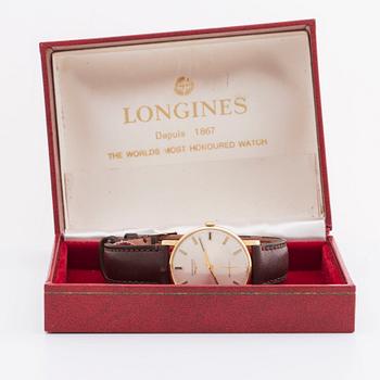 A Longines 18 ct gold wrist watch, ca 32 mm.