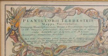 Map of the world, hand colored engraving, Homann Heirs, Nürnberg 1746.
