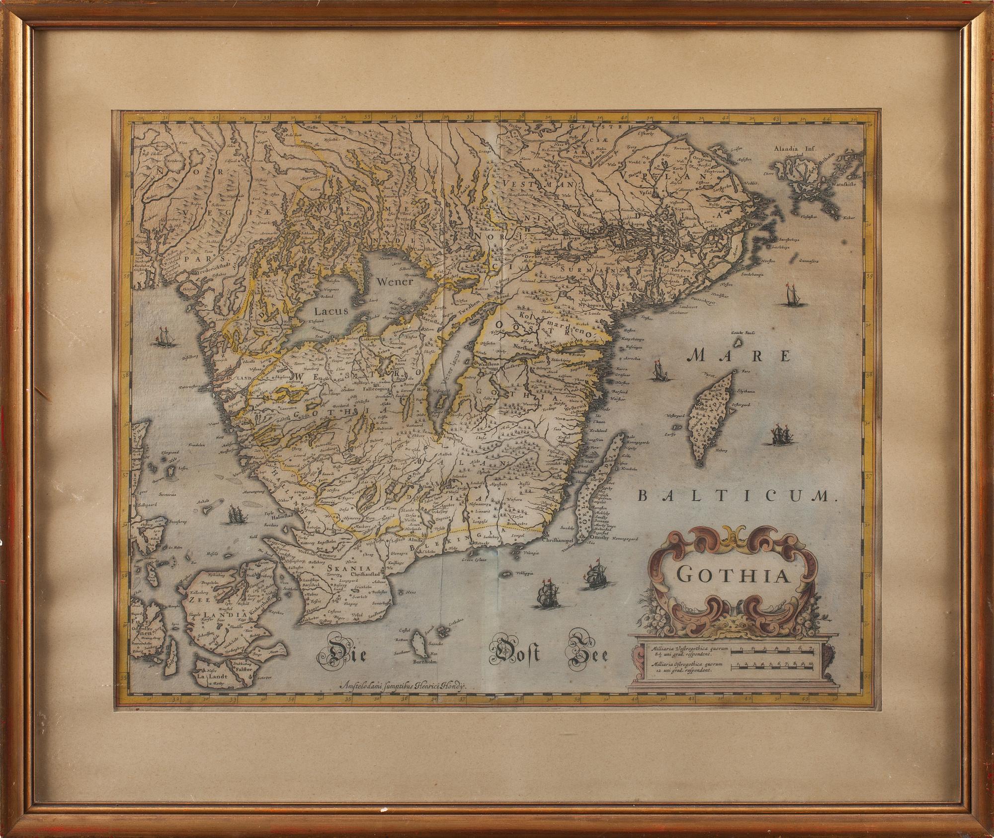 KARTA, "Gothia", kolorerad, H. Hondius (J. Janssonius), 1600-tal.