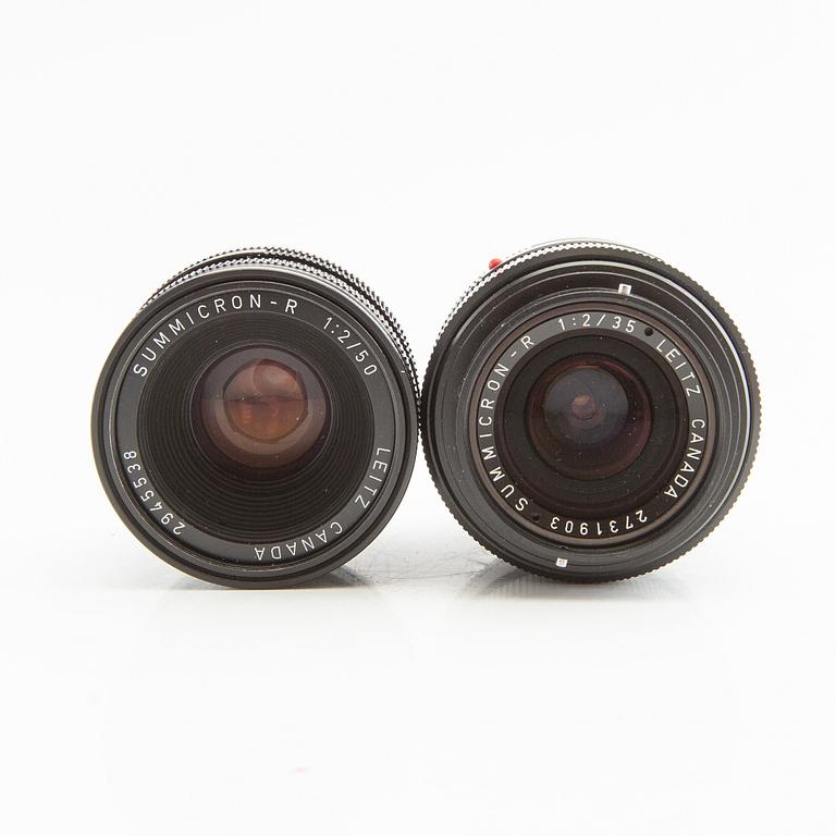 Leica R4s camera body, lens, and accessories.