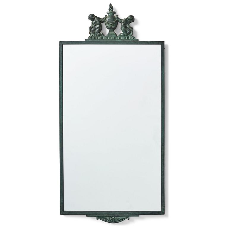 Oscar Antonsson, a Swedish Grace green patinated bronze framed mirror, Ystad Brons, Sweden 1920s.