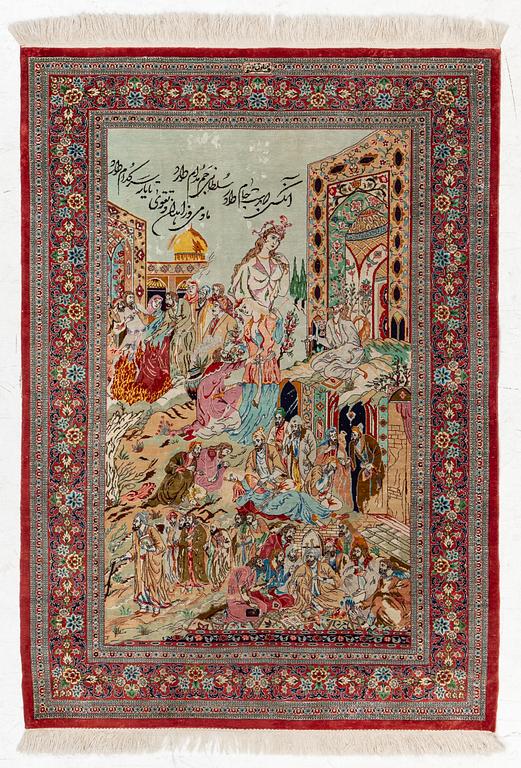 A figural silk Ghom rug, c. 147 x 103 cm.