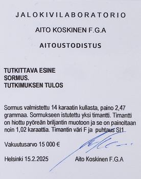 Sormus, 14K kultaa ja briljanttihiottu timantti.