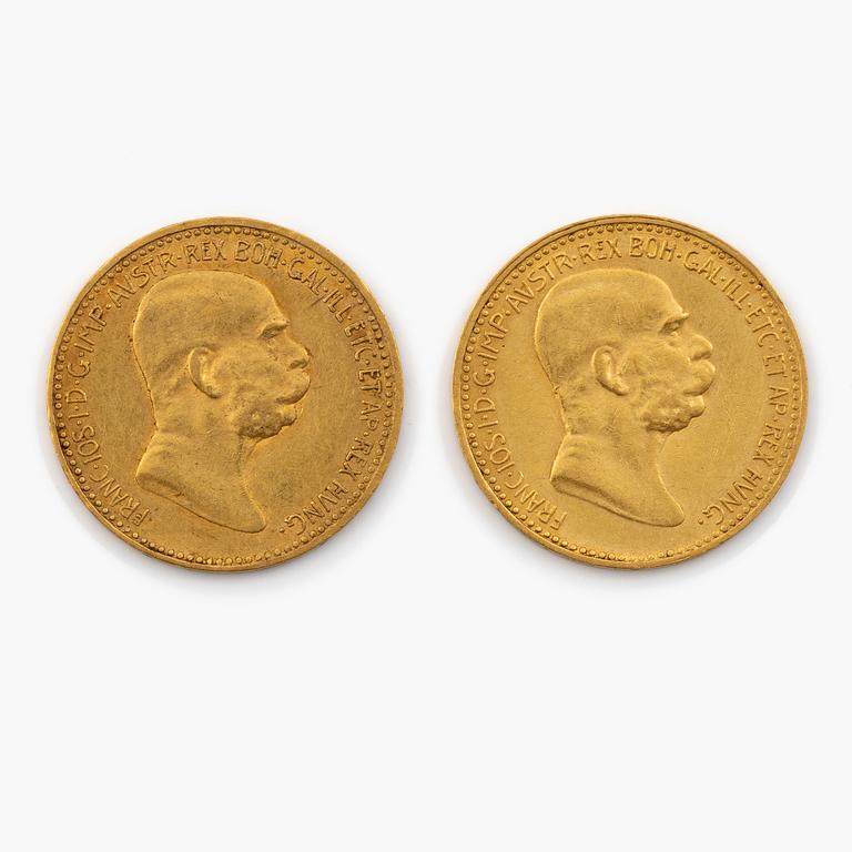 Gold coins 2 pcs, Austria, 10 Corona 1846-1908.