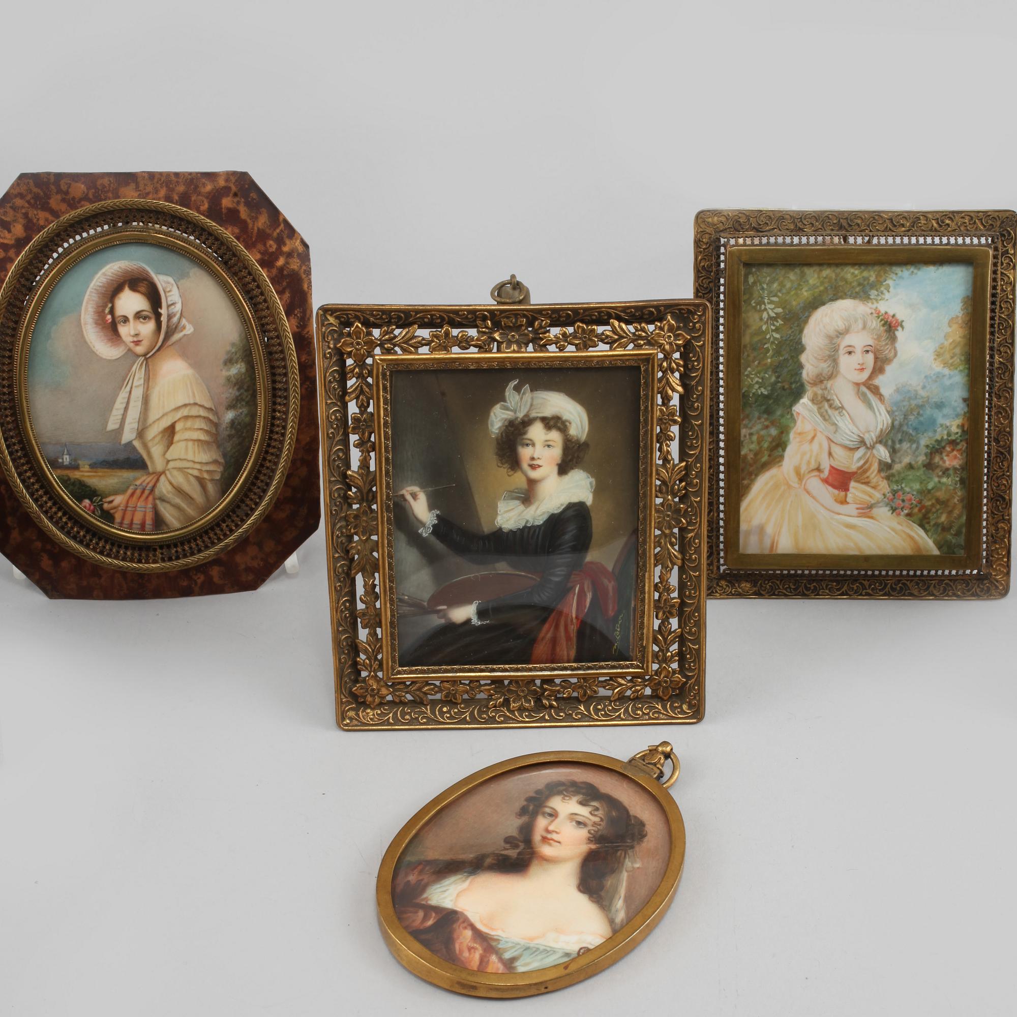 MINIATYRER, 6 st, mestadels bemålade tryck, omkring sekelskiftet 1900.