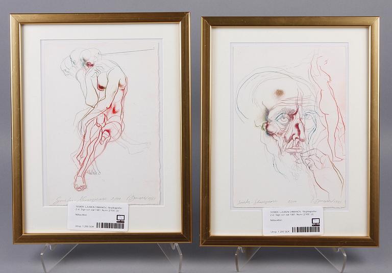 LJUBEN DIMANOV, färgetsningar, 2 st. Sign och dat 1981. Numr 2/100.