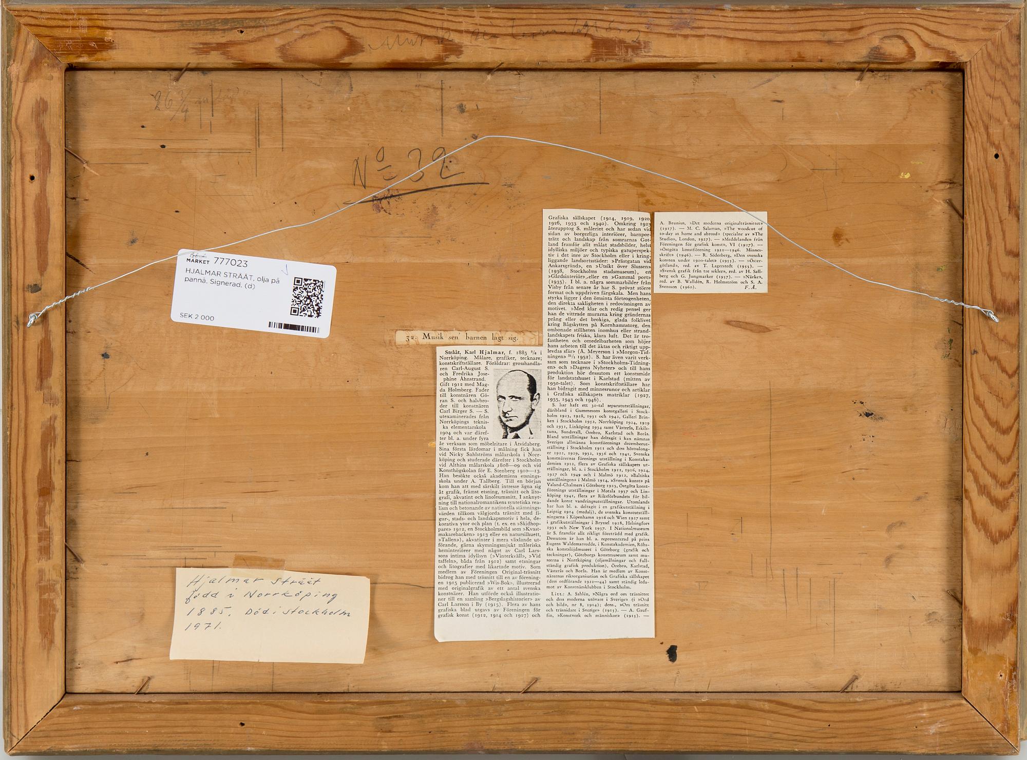 HJALMAR STRÅÅT, olja på pannå. Signerad.