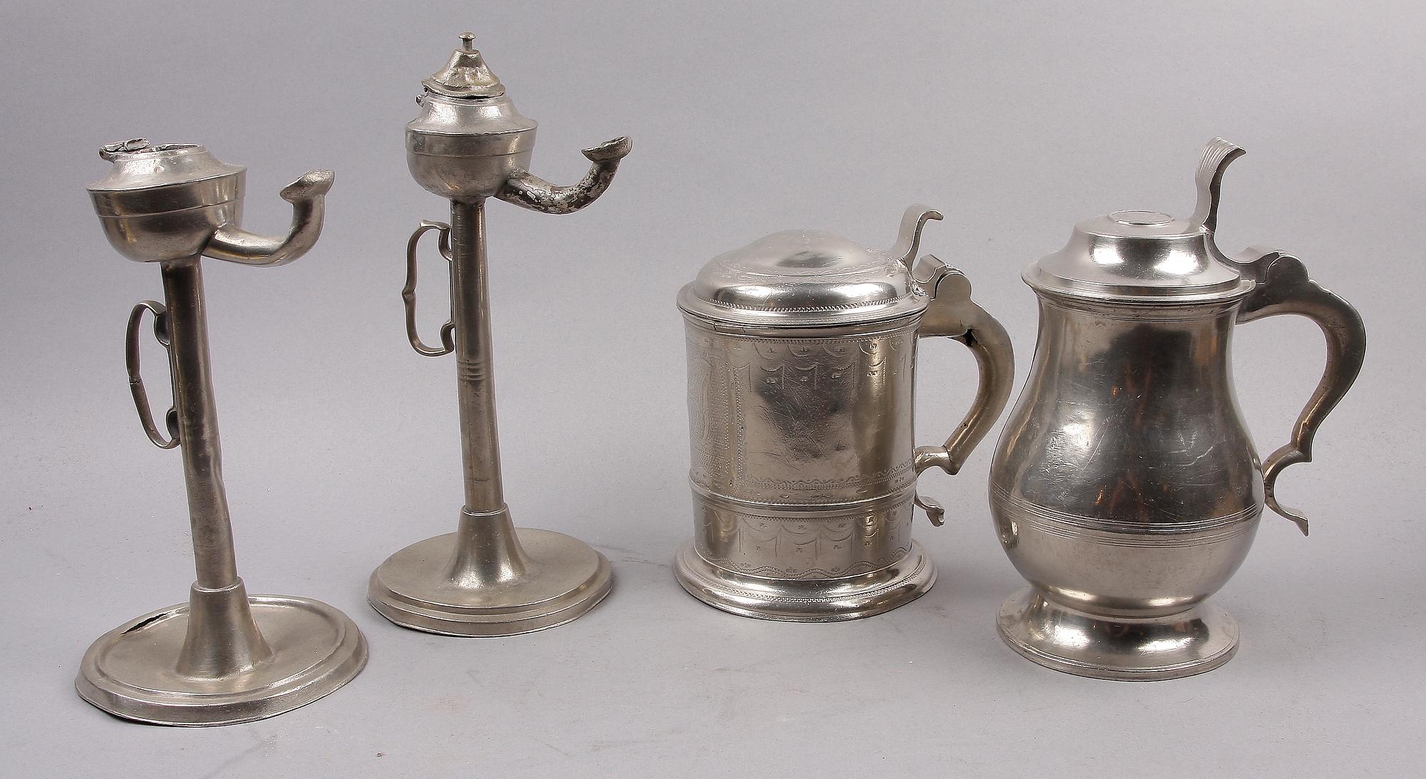 STOP, 2 st samt OLJELAMPOR, 2 st, tenn, bl a Nils Abraham Santesson, Stockholm, 1800-tal.