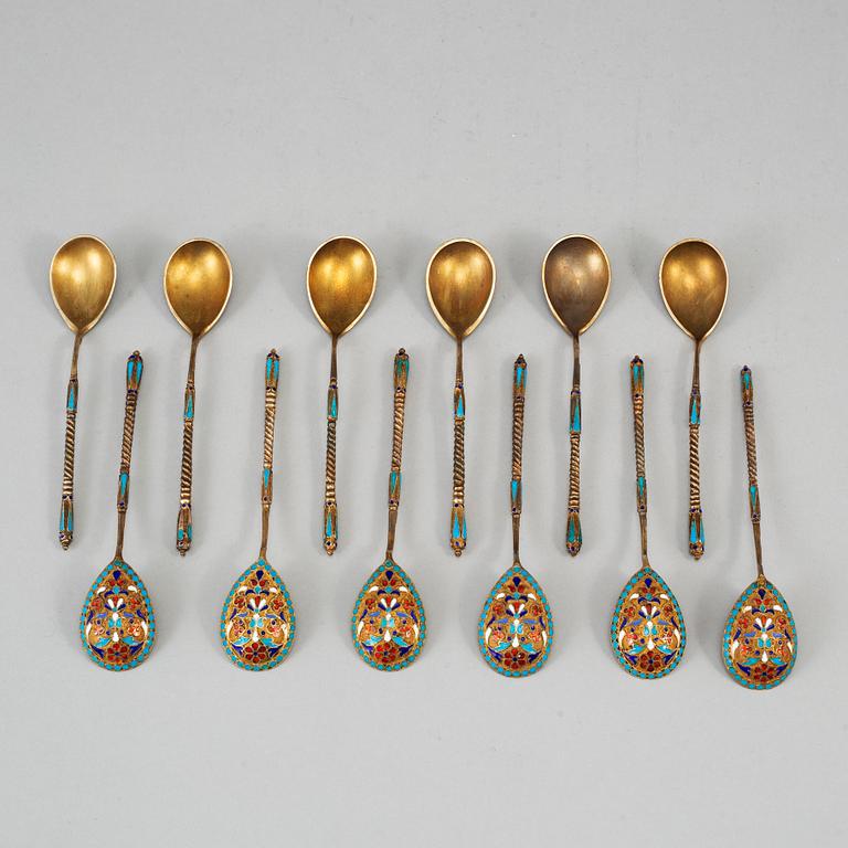 A set of twelve 19th century silver-gilt and cloisonné enameled tea-spoons, marked Gustav Klingert, Moscow 1880's.