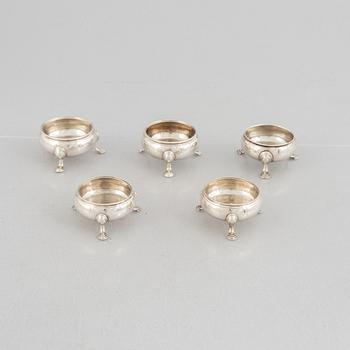 Five English silver salt cellars, circa mid 18th Century.