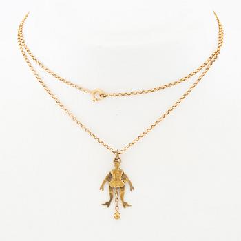 Halsband med kedja av 18K guld, hänge i form av en "sprattelgubbe" av 8K guld.