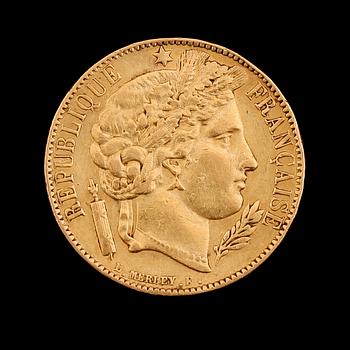 GULDMYNT, 20 franc, Frankrike 1850. Vikt ca 6 gram.