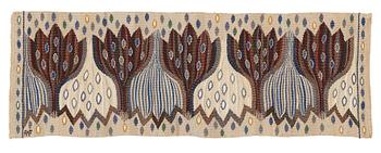 181. Ann-Mari Lindbom, gift Forsberg, A textile, "Blå crocus", a tapestry variant, ca 32-33 x 93-94 cm, signed AMF.