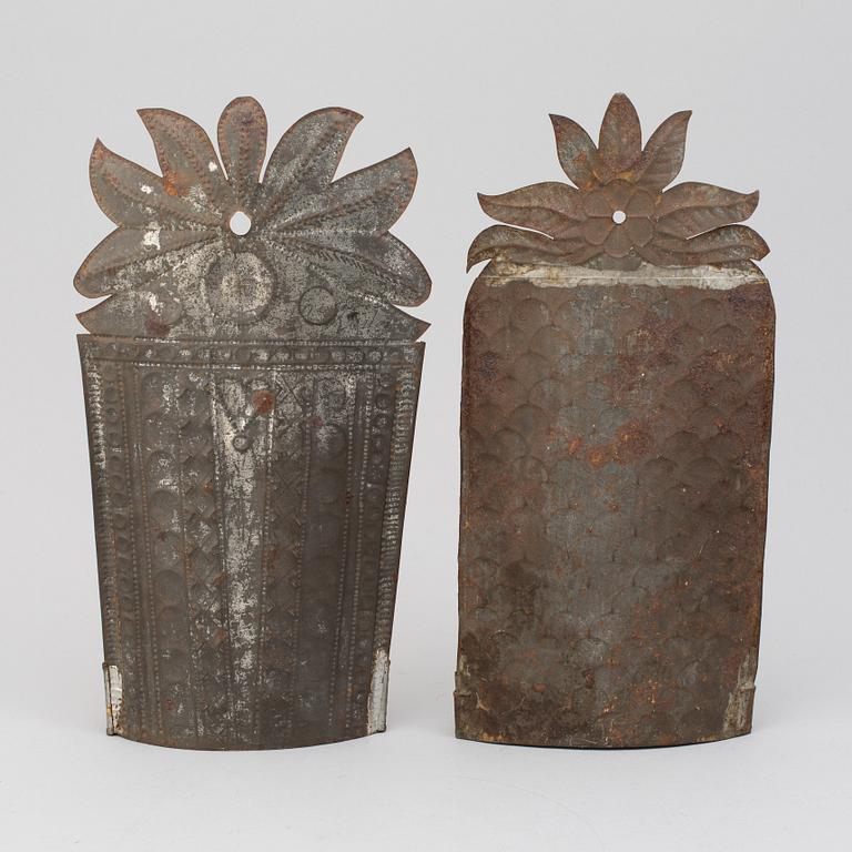 TWO WALL LIGHTS, tin plate, ca 1900.