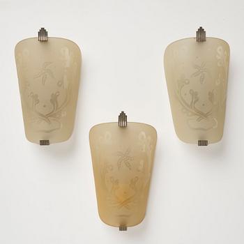 Fritz Kurz, wall sconces 3 pcs., model "KD996/1", Orrefors, 1950s.