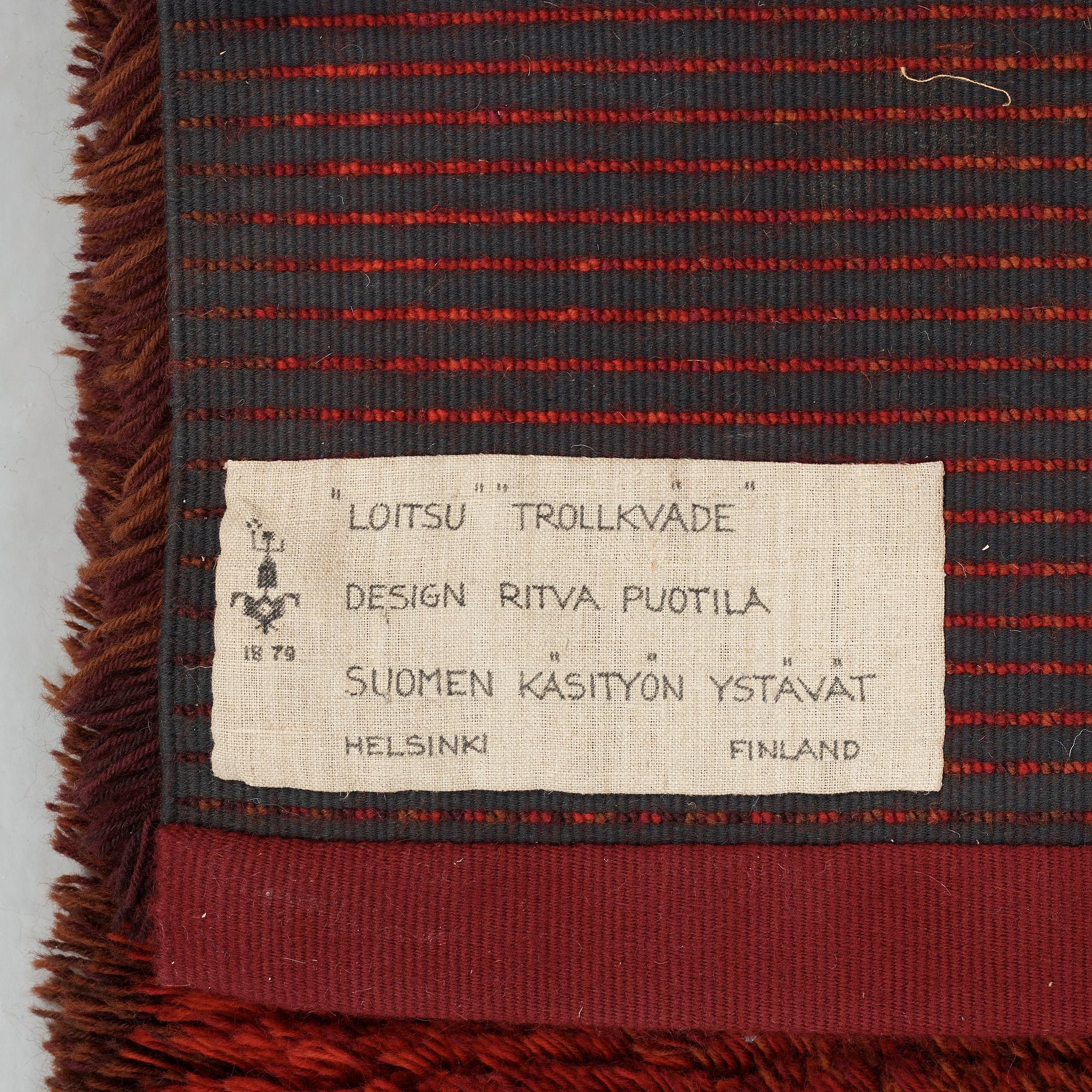 CARPET. "Loitsu" ("Trollkväde"). Knotted pile. 155,5 x 115,5 cm. Designed by Ritva Puotila.