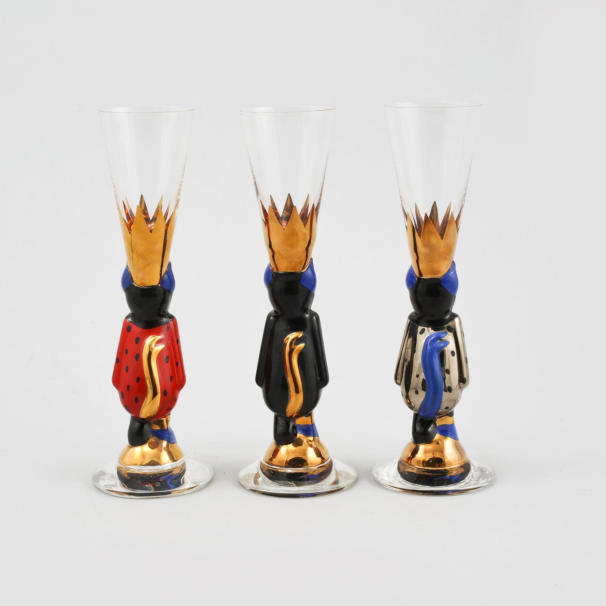 SNAPSGLAS, 3 st, "Nobelservisen", Gunnar Cyrén, Orrefors, sent 1900-tal.