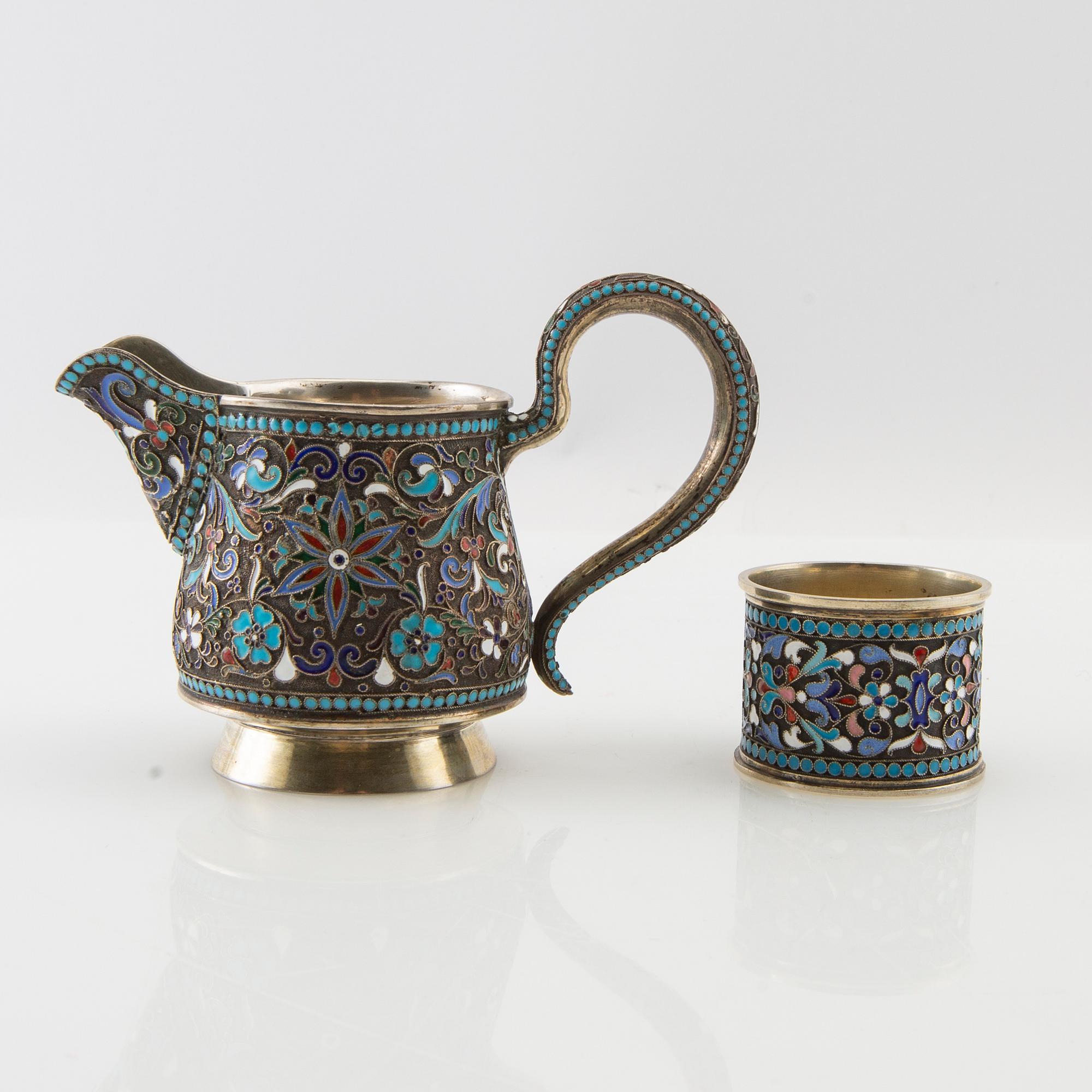 Cream jug and napkin ring Russia silver and enamel 1908-26.