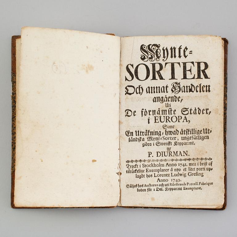 BOK: DIURMAN, P. Mynte-Sorter Och annat Handelen angående, Uti De förnämste Städer i Europa. Stockholm 1749.