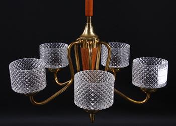 TAKLAMPA, teak, mässing, glas,  möjligen Orrefors, 1950-60-tal.