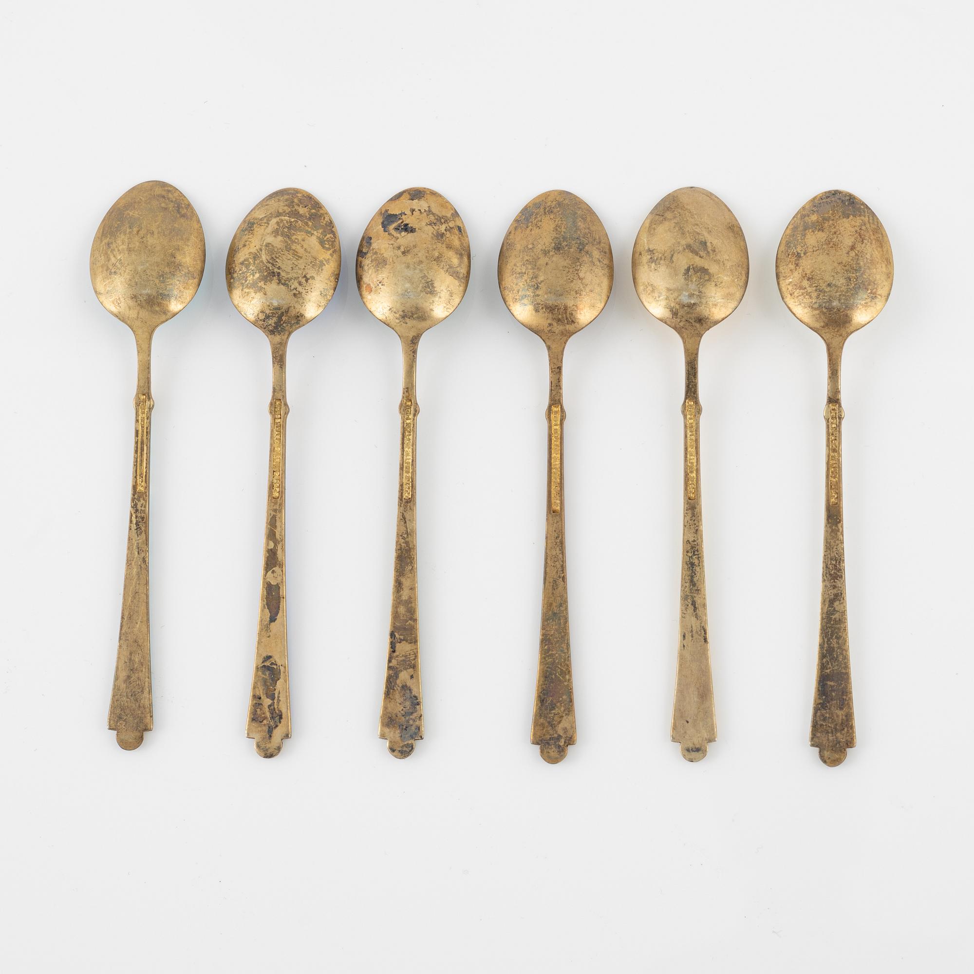 Mockaskedar, 6 st, förgyllt sterlingsilver och emalj, Danmark, 1900-talets mitt.