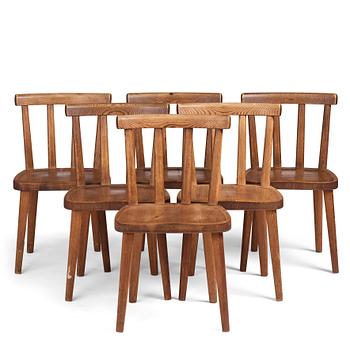 448. Axel Einar Hjorth, a set of six stained pine 'Utö' chairs, Nordiska Kompaniet, Sweden 1930s.