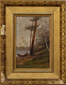 Tuntematon/Okänd/ Unknown · BÅT VID STRANDEN, olja på skiva, sign. och dat. -95.