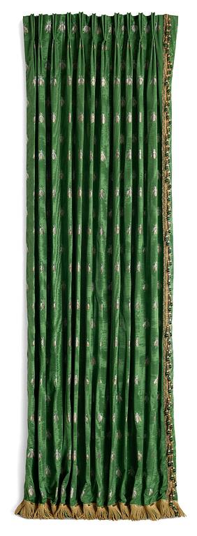 Curtain, patterned emerald green silk.