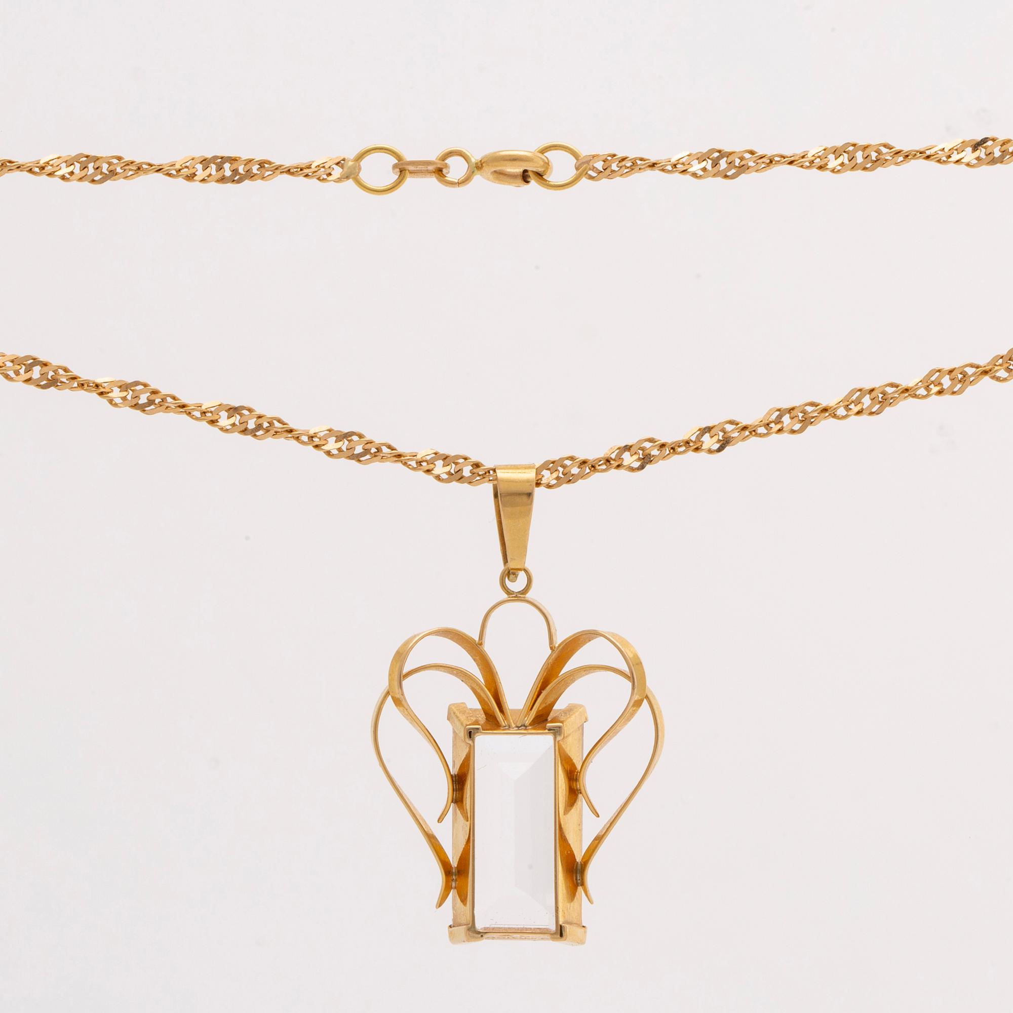 PENDANT on CHAIN and EARRINGS, 18K gold and rock crysta (pendant) and spinel (earrings), 1956.